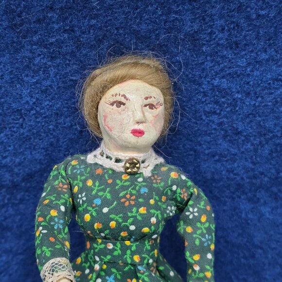 Vintage Folk Art Papier Mache Doll Wood Body Mohair Bendable Limbs 5 in German - Picture 2 of 10